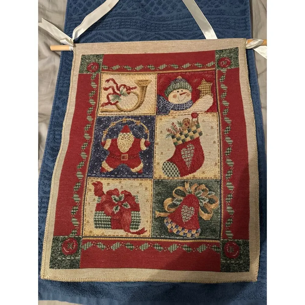 Tapestry‎ Christmas wall hanging. Snowman Santa stocking Bell horn and present